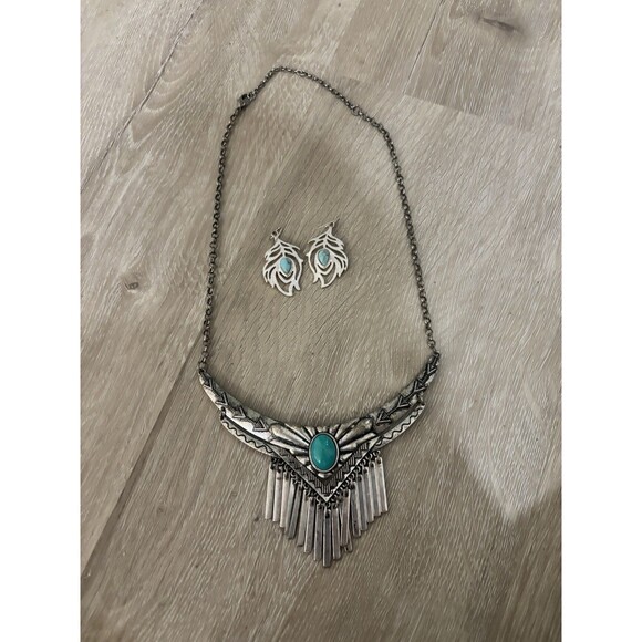Southwestern Style Turquoise Silver Tone Beaded Necklace Earring Set Faux Stone - Picture 3 of 7